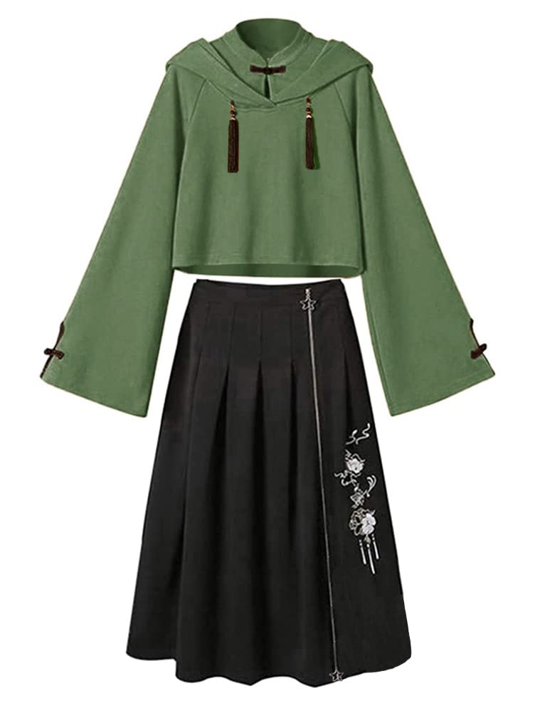 [Ｍｉｎｅｓａｍ] 中華風 パーカー レディース フード付き 2点セット トップス + スカート チャイナ服 おしゃれ 春秋 (アーミーグリーン, M)