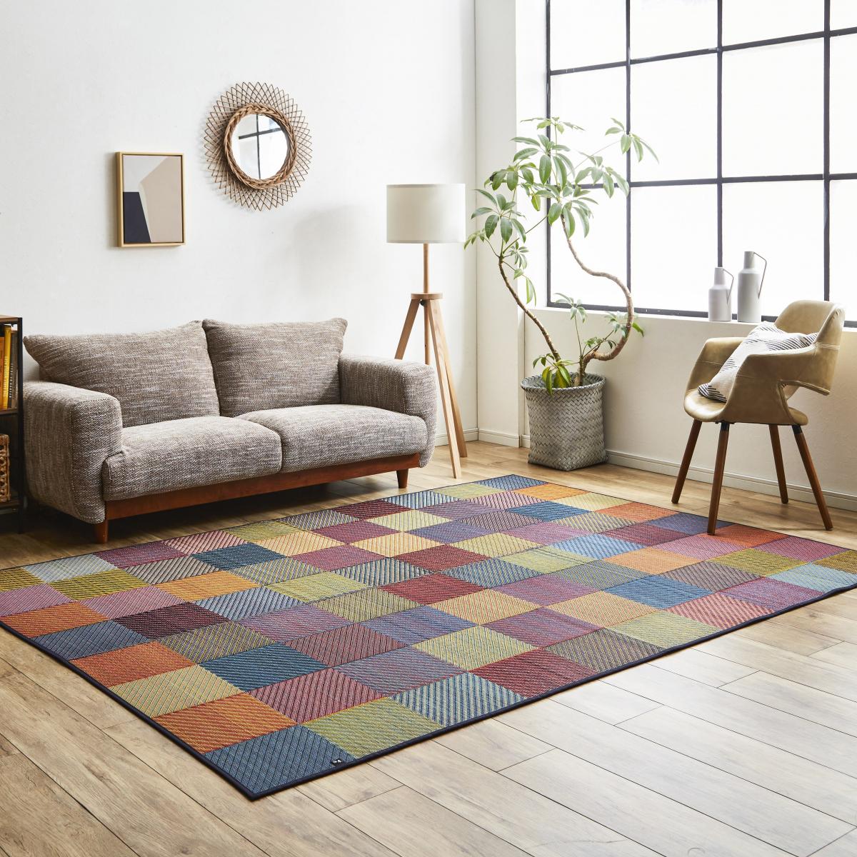 【I】【代引不可】イケヒコ 国産い草ラグカーペット DXカラフルブロック ブルー 約191×250cm 1709200【北海道・沖縄・離島不可】