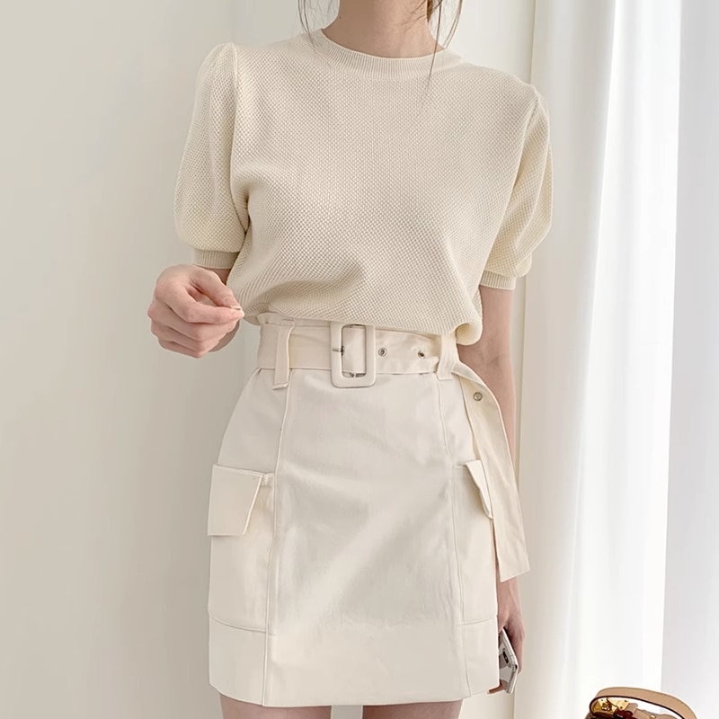 2点セット トップス スカート レディース S M 韓国 ニットソー セーター ニット ミニスカート ハイウエスト ベルト バックル 半袖 Aライン 上下セット セットアップ かわいい 大人可愛い