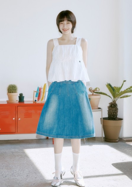 【SATUR】 (W) PLEATS DENIM MIDI SKIRT : BLUE
