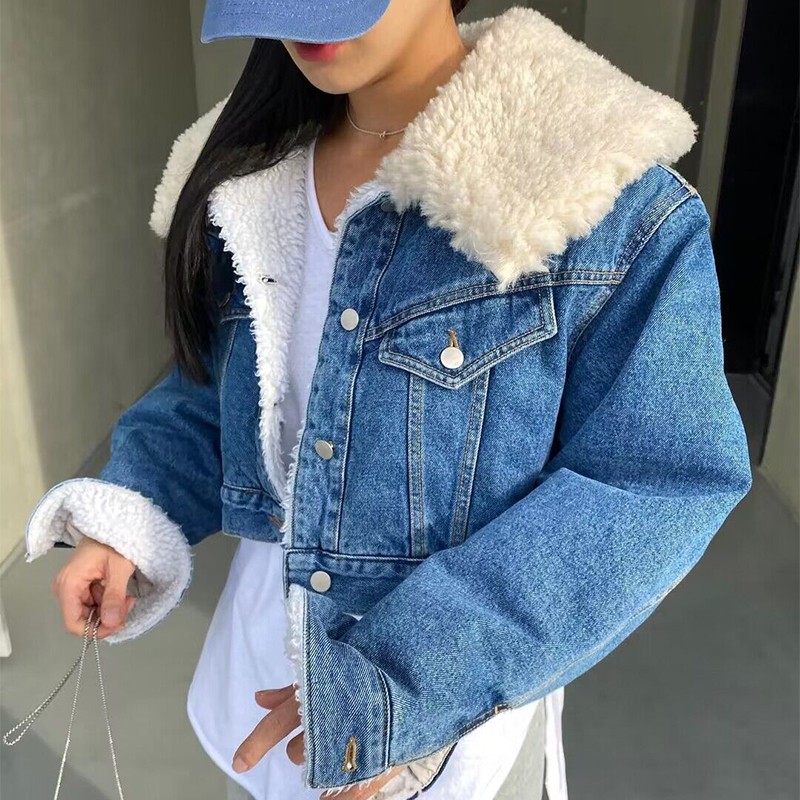 韓国のシックな秋冬ニッチな気質のラムウールラペルシングルブレストゆったり多用途長袖ショートデニムジャケット