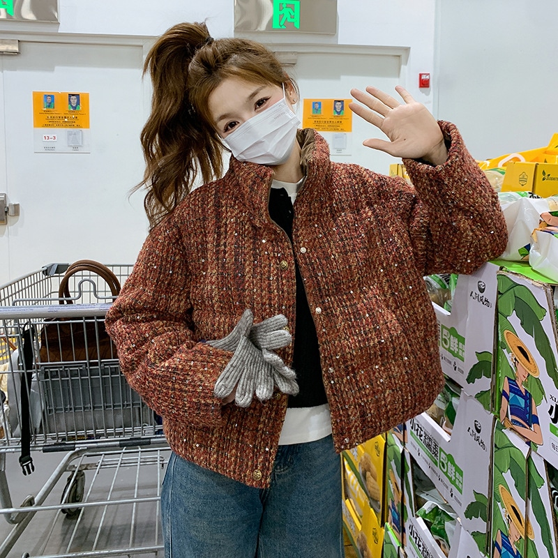 スパンコールスタンドカラーホワイトダックダウンジャケット小柄な人向け2024新しいショートスタイル肥厚ブレッドジャケット