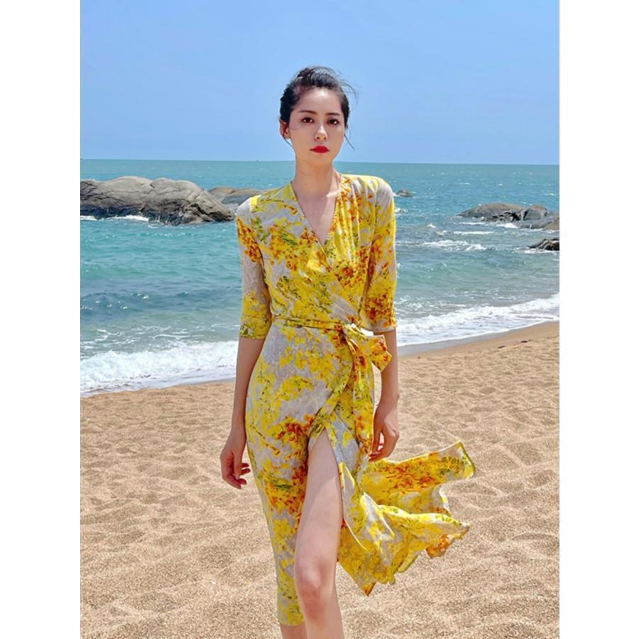 リゾートワンピース レディース 夏 五分袖 花柄 ビーチ vネック ハイウエスト aライン ロング丈 きれいめ おしゃれ