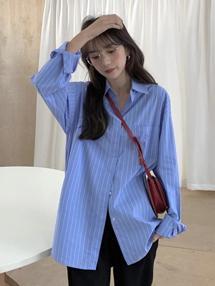 【超お得1つ買うと10個もらえる】急速出荷ブルーストライプシャツジャケット女性春秋レトロ香港スタイルシャツ新しいスタイルデザインセンス服