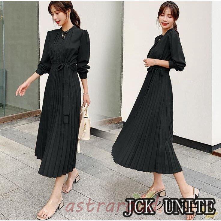 ワンピース レディース きれいめ フォーマルワンピース 春 秋 冬 ミディアム丈ワンピース ハイウエスト 長袖 Aラインワンピース 二次会 通勤 OL 40代 着痩せ