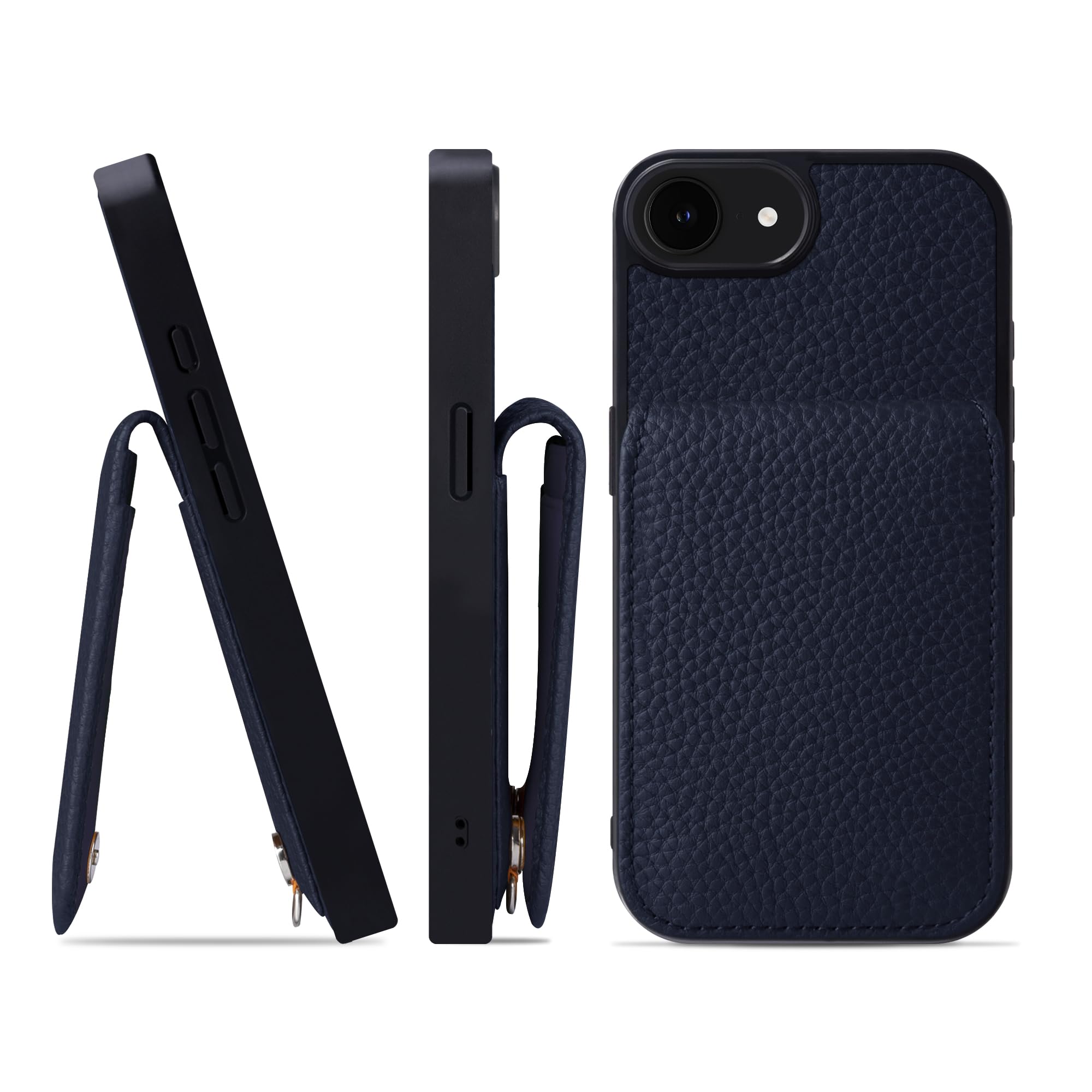 HANATORA for iPhone 16e ケース バンパー型 本革 スマホケース スマホ カードポケット スタンド ショルダーストラップ 付き シュリンクカーフレザー ギフト ブルーインディゴ