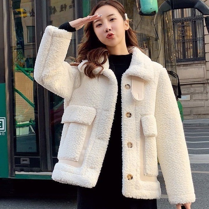 ラムウールコート アウター コート ジャケット 韓国ファッション もこもこアウター ショート