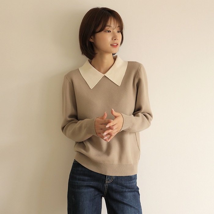[韓国ファッション] バイカラー襟付き ロングスリーブ ニットソー