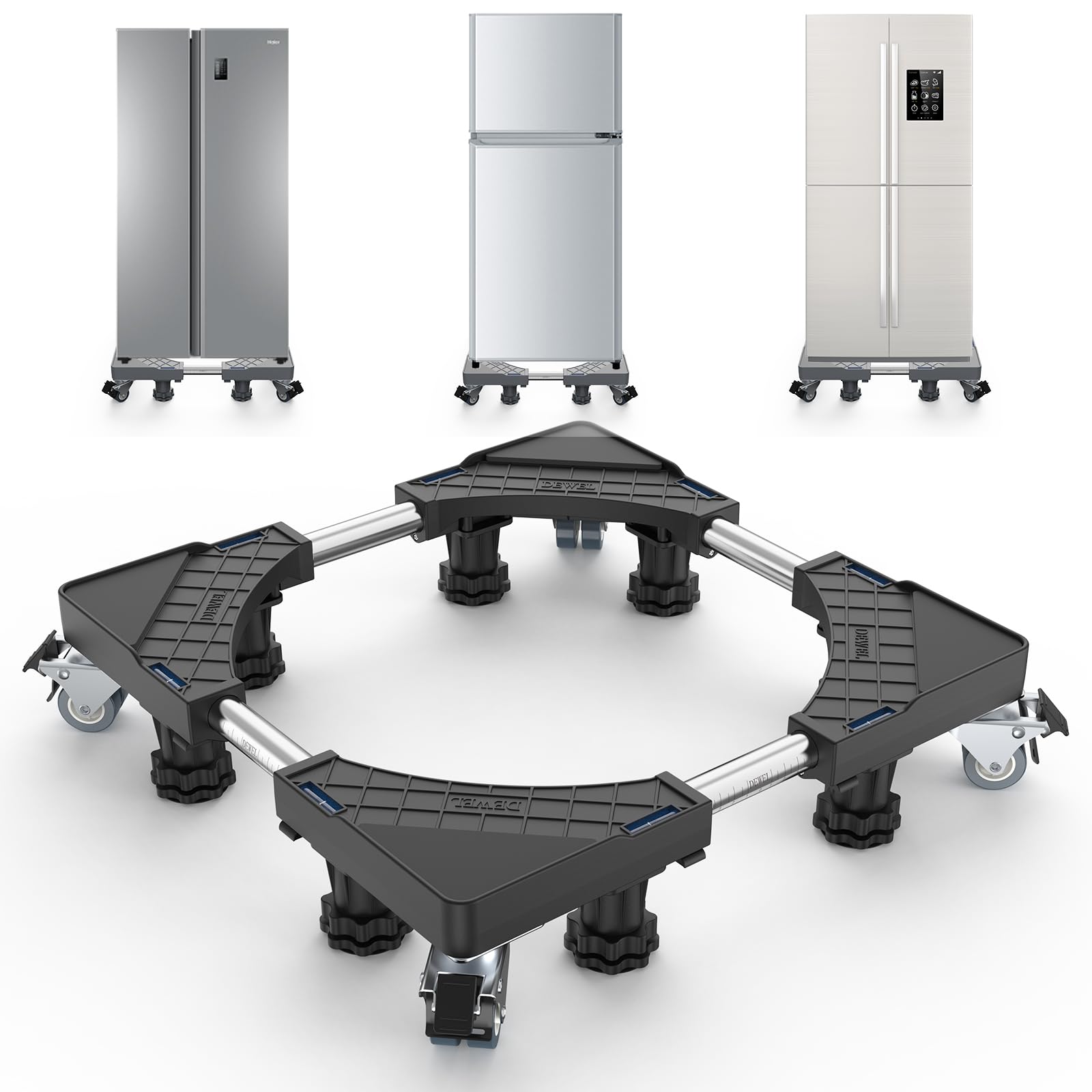 DEWEL 洗濯機 台 冷蔵庫 台 かさ上げ台 360度回転 キャスター付き 目盛り付き 洗濯機パン 排水パン8輪8足 伸縮式 幅奥行:45cm-66.5cm 振動異音軽減 3年 (ブラック)