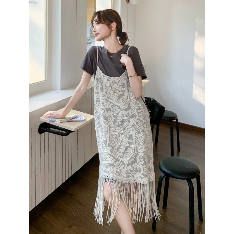 【急速発送】フリンジキャミソールスカート重ね着Tシャツでレトロカジュアルキャミワンピース秋の万能アイテム