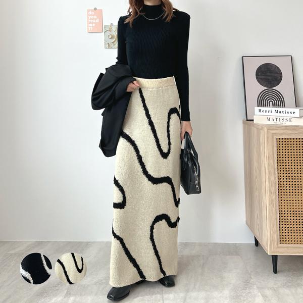 スカート ニットスカート ジャガード アート柄 暖かい レディース ニット 秋 冬 お洒落 カジュアル / ラインジャガードタイトスカート