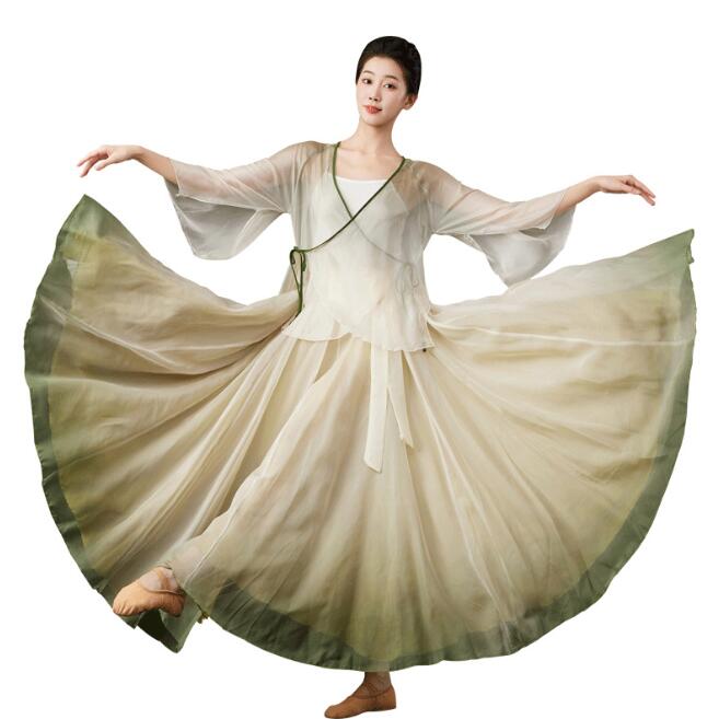女性 ダンス衣装 720度 大きい裾スカート ロング丈 グラデーション 広がるラップスカート 巻きスカート チュールシャツ フレア袖 チャイナ服 女性 民族ダンス 古典ダンス 舞台演出服