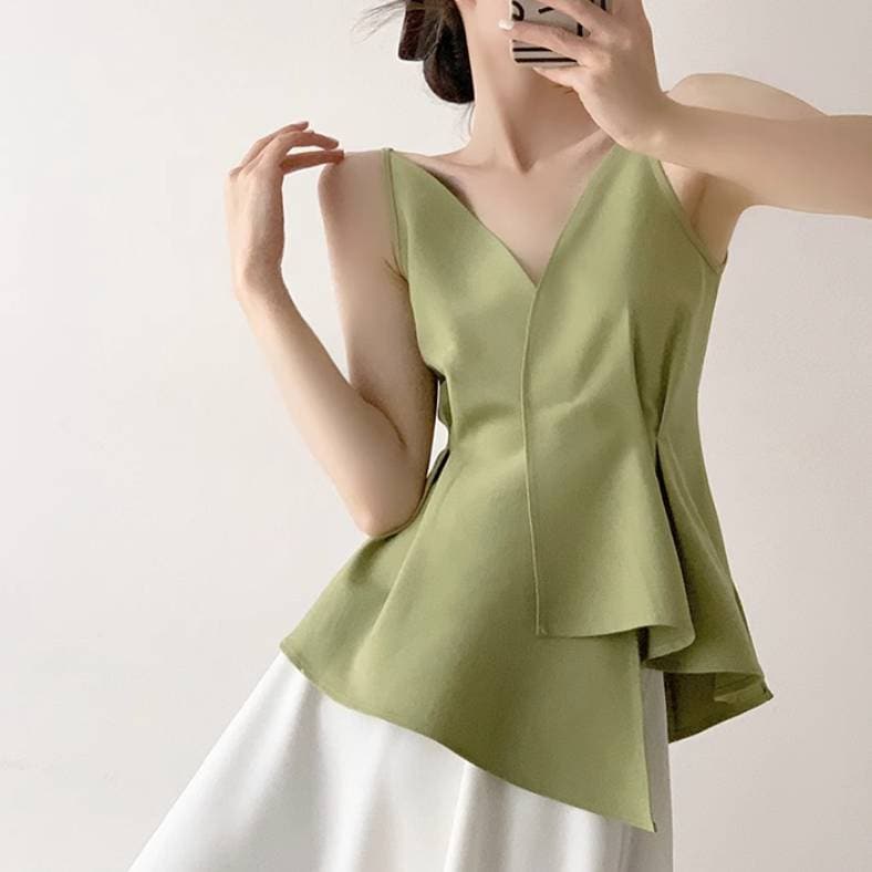 新しい レディース トップス プルオーバー キャミソール 袖なし ノースリーブ Vネック 襟なし ワイド アシンメトリー ハイウエスト かわいい 大人可愛い きれいめ シンプル カジュアル 上品 おし