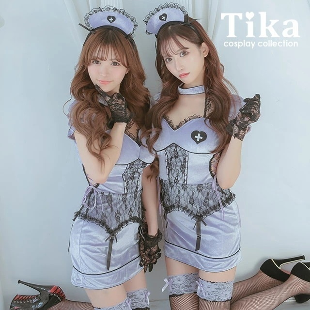 ハロウィンコスプレ ナース コスプレ衣装 セット ベロア レース ミニ ワンピース 帽子 ソックス パープル 紫 衣装 仮装 セクシー ミニワンピース ナース服 制服 ブラック 黒 レトロ エロ キャ