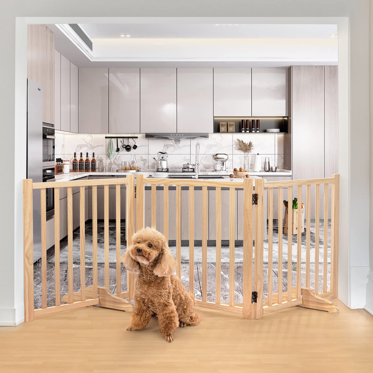 木製犬用ゲートペットフェンス折り式バリアペット用家具フェンス 安全柵 小型犬 中型犬 脱走防止 ガード 飛び出し防止 多頭飼い ペットガード (高さ60cm長さ182cm3つのパネル)