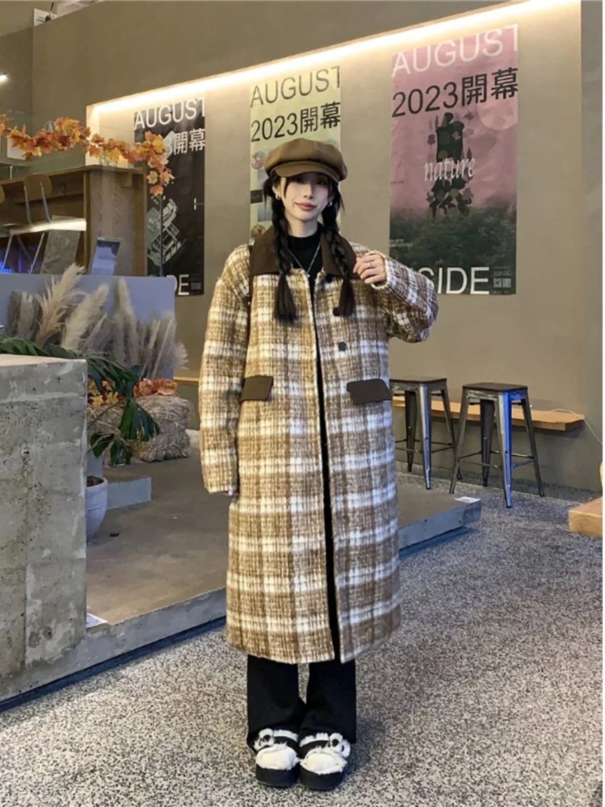 高級感レトロなチェックジャケット綿入り厚毛コートレディース冬の作ミドル丈ゆったりコート