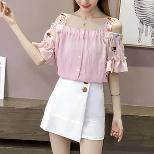 2150.フラワー シフォン オフショルダー トップス(ピンク)