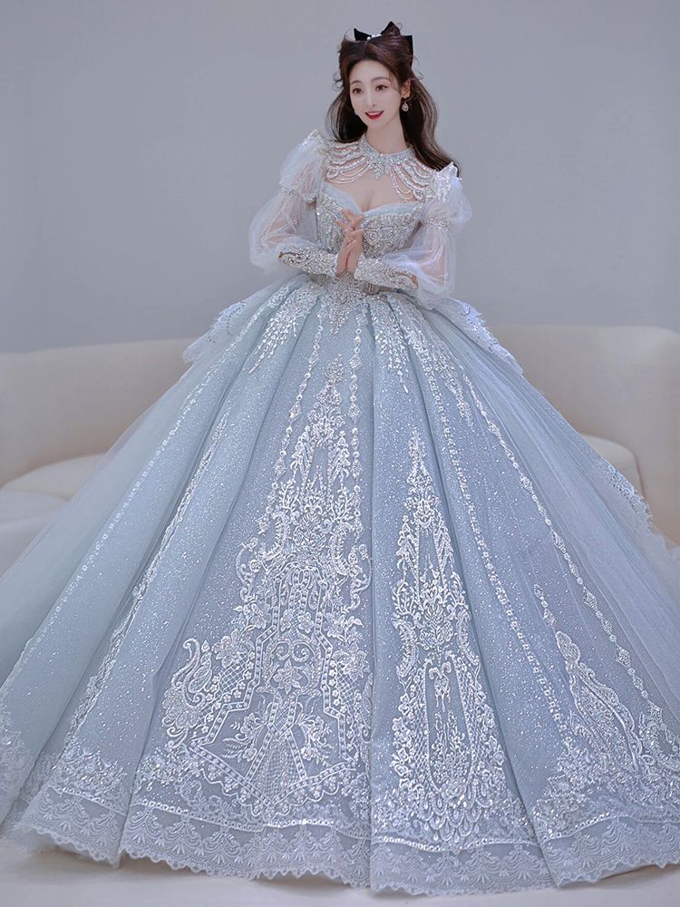 ブルーウェディングドレス花嫁2024重工業レトロ小さな長袖主糸ハイエンドテール冬