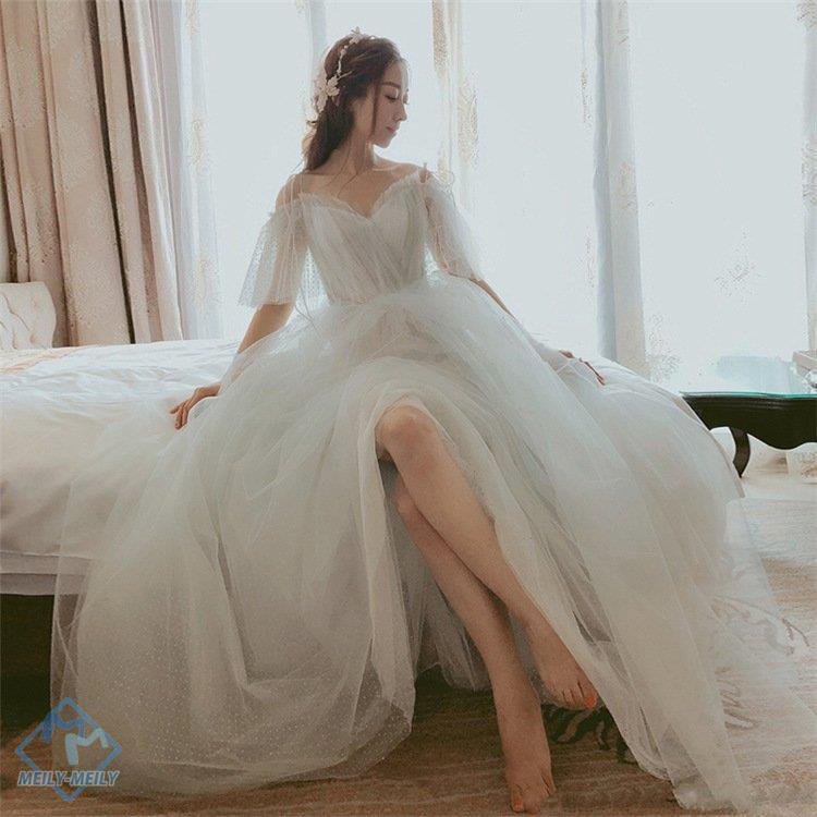 韓国ファッションウエディングドレス ロングドレス 安い ウェデイングドレス 袖あり 結婚式 前撮り ふわふわ ピアノ発表会 二次会 パーディードレス Aライン マキシ丈 おしゃれ