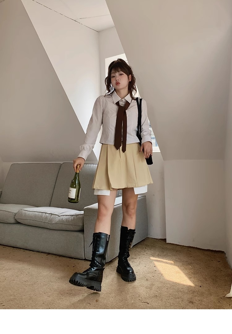 アプリコット ストライプ 大きいサイズ シャツ レディース ショート スリム スリム カレッジスタイル トップス トップス シャツ 袖あり 長袖 襟付き かわいい 大人可愛い シンプル カジュアル