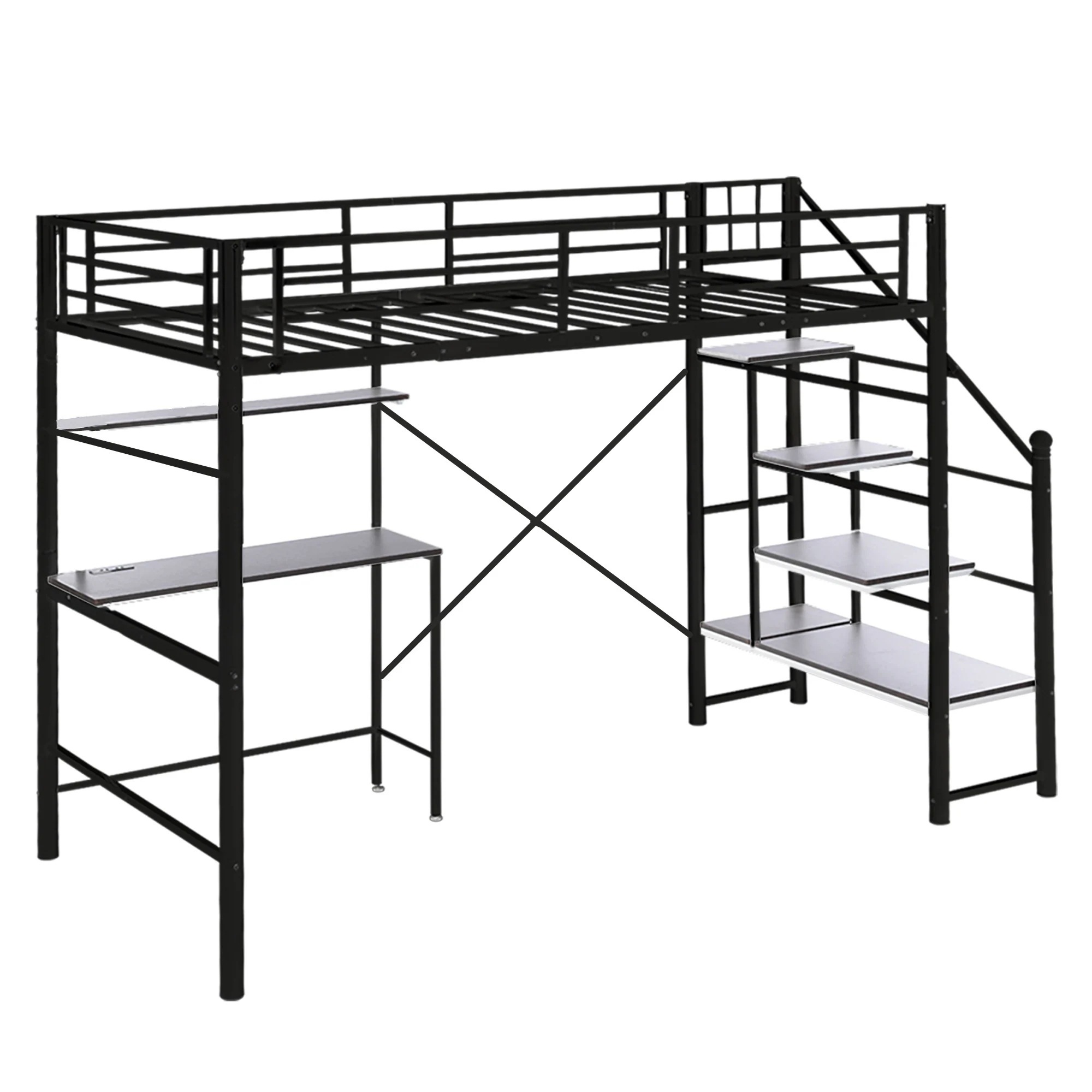 【国内発送&送·料·無·料】ロフトベッド 階段付き シングル 北欧風 デスク付き パイプベッド 子供ベッド 収納 コンセント付き 耐震 金属 パイプ ベッド 昇降らくらく 高さ170cm 耐荷重150