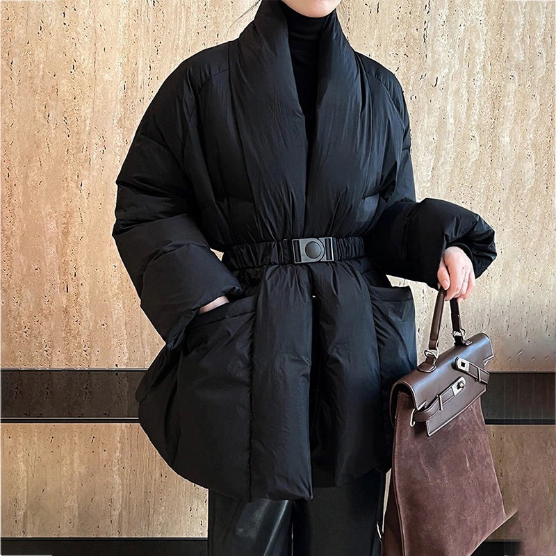 2026新品大人気ベルトのボタンのダウンジャケットの女性冬のファッションは腰がやせてvネックコートの厚くしている