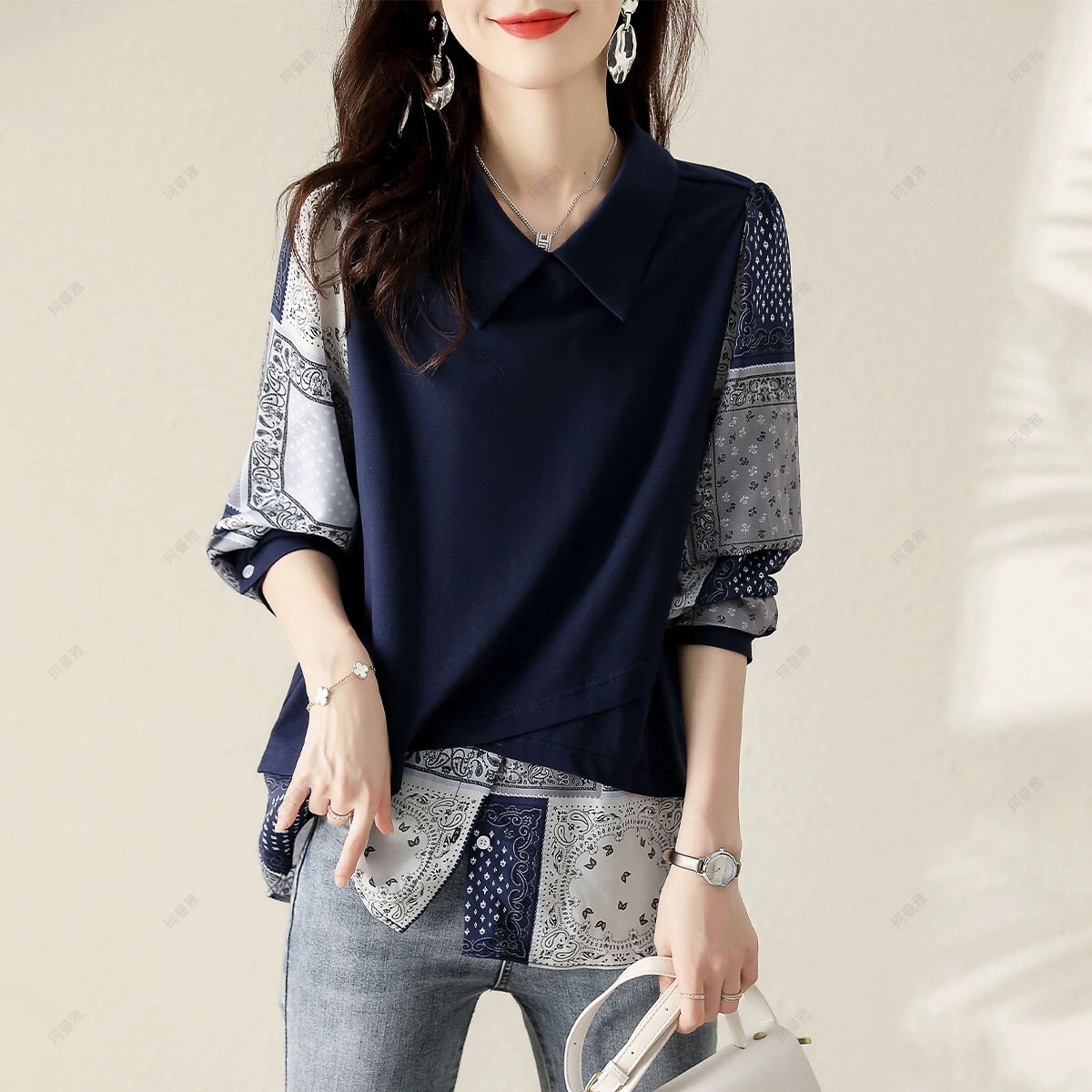 フェイク２ピース トップス シャツ プルオーバー 袖あり 長袖 Vネック 襟付き ラペルカラー ストレート 薄手 ゆったり 大人可愛い きれいめ カジュアル 大人 上品 おしゃれ お洒落 かっこいい