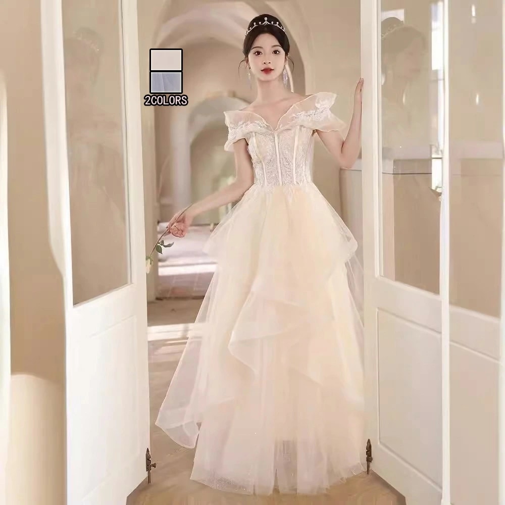 ドレス 大人 お呼ばれ 品質良い 誕生日 姫系 洋服 袖付き オフショルダーロングドレス 花柄 編み上げ フォーマル エレガント レディースママ パーティードレス コンクール イブニングドレス 結婚式