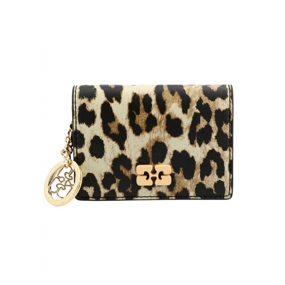 GANNI A6545 943 レオパードプリントバタフライロゴフラップカードホルダー