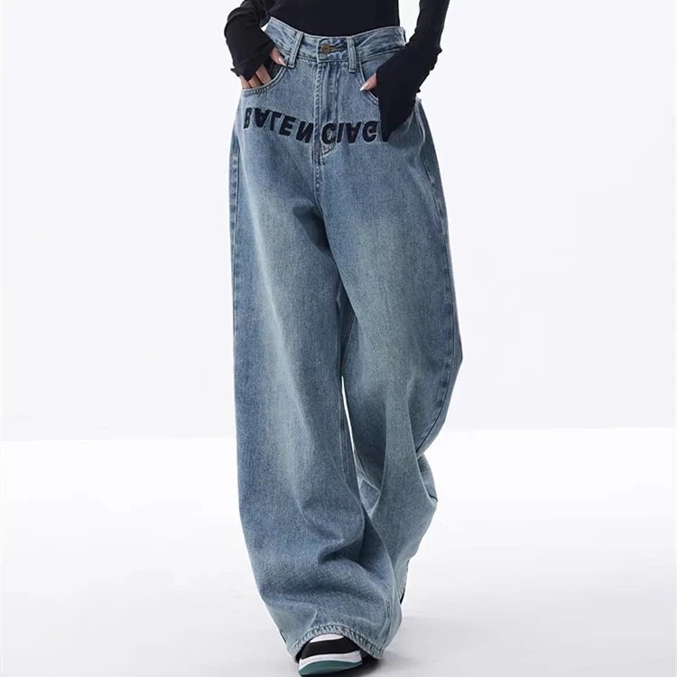 刺繍 デニムボトムス デザイン感 ジーンズ ゆったり ワイドパンツ モップパンツ ジョガーパンツ 感