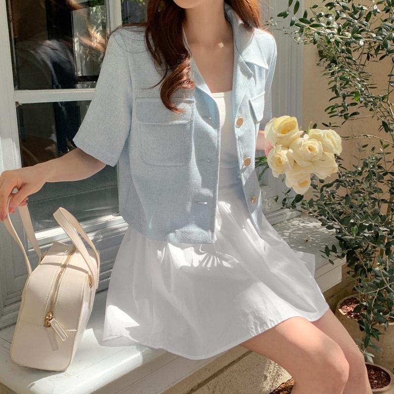 [tjk0401] 韓国ファッションゴールドボタンツイード半袖ジャケット 4,905円