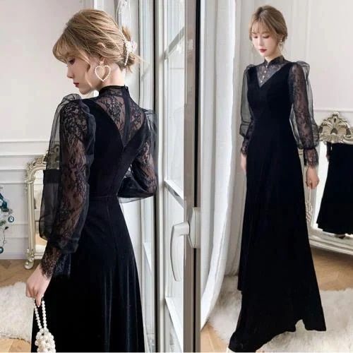 パーティードレス韓国ロングドレス黒ブラックドレスイブニングドレスワンピース花柄レースマキシ丈ハイウエストレディース長袖大人可愛いレトロお呼ばれ結婚式二次会披露宴謝会演奏会成人式同窓会発表会ブラック