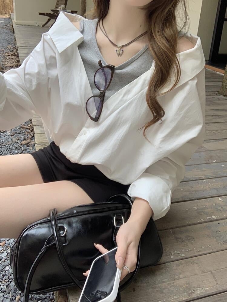 1枚でレイヤードスタイル完成 レイヤード風ゆるシルエットシャツ オフショル シンプル 抜け感コーデ 大人可愛い カジュアル 大きいサイズ 韓国 CH10517