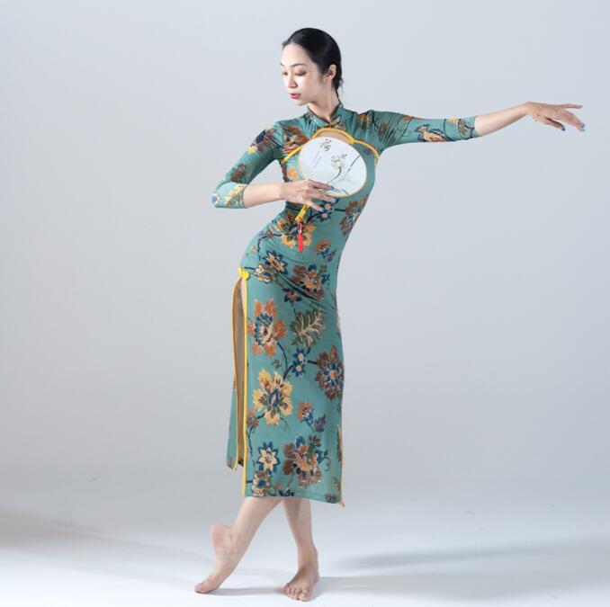 花柄チャイナドレス レディースダンスウェア 古典ダンスウェア ベリーダンス衣装 七分袖 中華風 透け感 密着ワンピース ロング丈 立ち襟 中華古典 ダンス練習着 レッスン着 古典ダンス/ヨガ/バレエ
