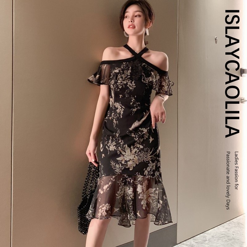 ボタニカル ワンピース オフショルダー タイト フレア クラブドレス クロスネック フリル シースルー ミモレ丈 ミニ レディース