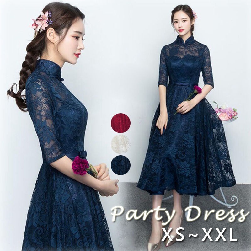 パーティードレス ミモレ丈 結婚式 ワンピース 刺繍＆総レース　結婚式 パーティドレス お呼ばれドレス 袖あり 袖 ニ次会 フォーマル セレブ 二次会 パーティ 2次会 パーティードレス　チュール