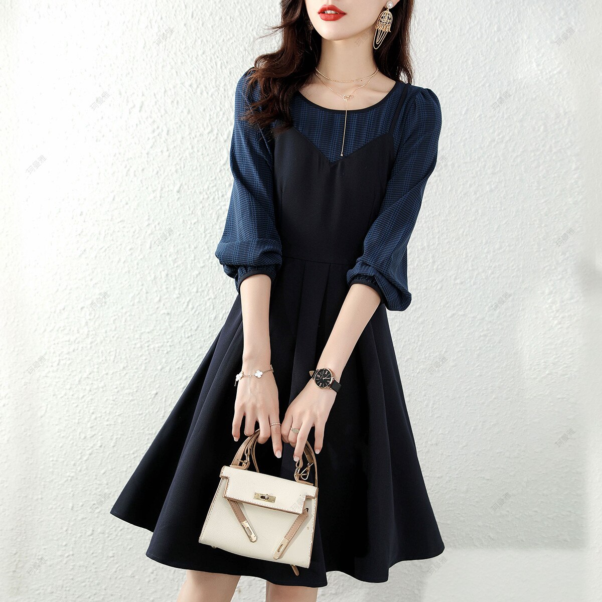 ワンピース レディース きれいめ 40代 膝丈ワンピース 新作 きれいめ 配色 ワンピース 長袖 A 母の日 母の日-0005945