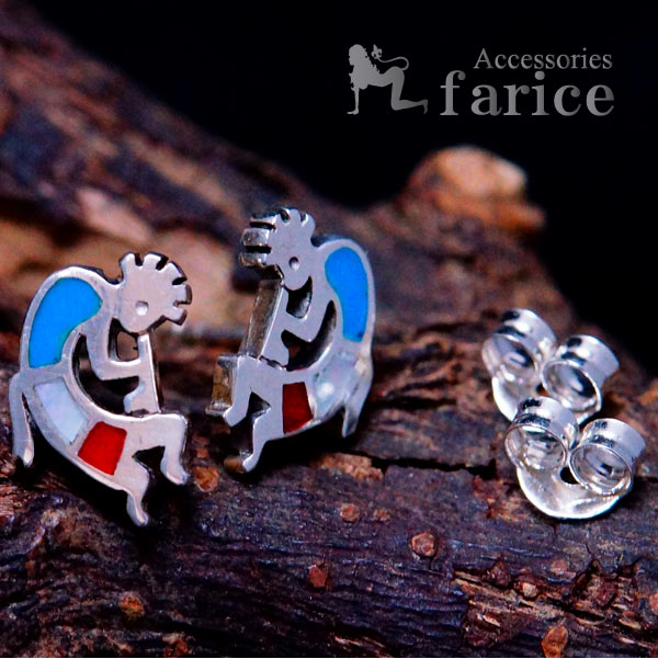 インディアンジュエリー ピアス ココペリ 精霊 ズニ族 インレイ ターコイズ シェル コーラル 天然 5,502円