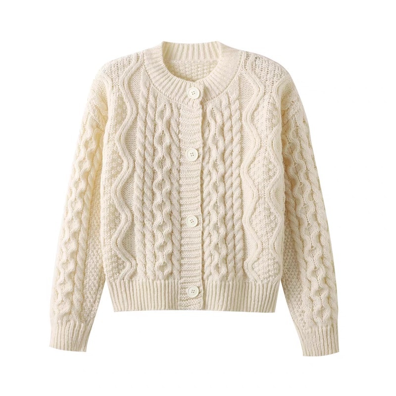 レディース トップス ニット セーター カーディガン 長袖 ラウンドネック フェミニン ストリート ケーブルニット かわいい 大人可愛い きれいめ シンプル カジュアル おしゃれ レトロ こなれ感