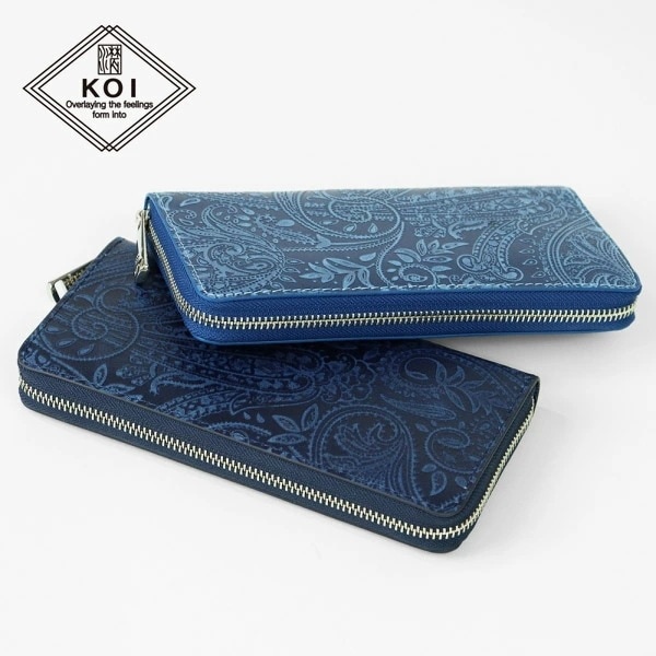 KOI 長財布 ラウンドファスナー 藍染レザー メンズ レディース 藍染型押 ペイズリー 財布 本革 ZYS-197 ブランド [正規取扱店]