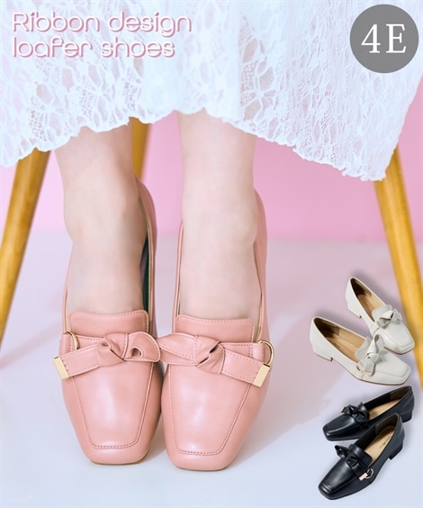 ローファー ゆったり幅広 リボンデザインローファーシューズ 低反発中敷 ワイズ４Ｅ