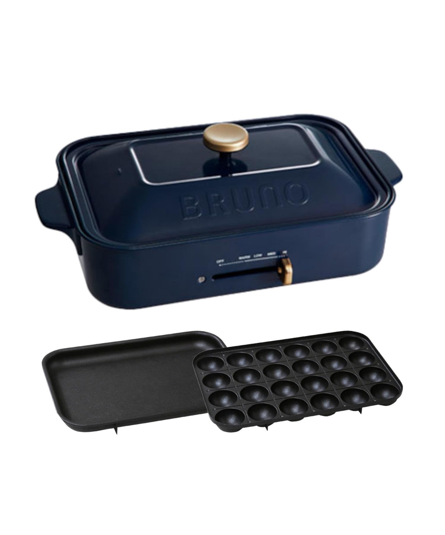 BRUNO ブルーノ コンパクトホットプレート 本体 プレート2種(たこ焼き 平面) ネイビー Navy 紺 おしゃれ かわいい これ1台 蓋 ふた付き 1200w 温度調節 洗いやすい 1人 2人