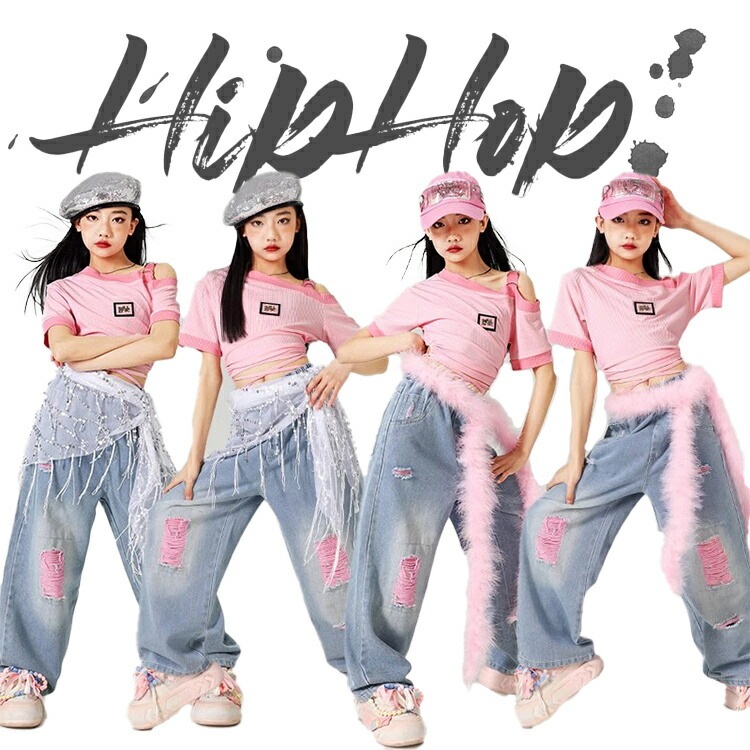 女の子 デニム ダンス衣装 子供服 キッズ ピンク セット へそ出し デニムパンツ 肩出し ガールズ 長ズボン ダンスウェア 発表会 応援団 イベント ジュニア 普段着 jazz K-PO