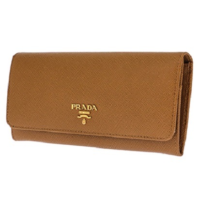 PRADA 1MH132S-ME-CARAMEL プラダ スナップ長財布 チェーン付パスケース 型押レザー ブラウン/ゴールド