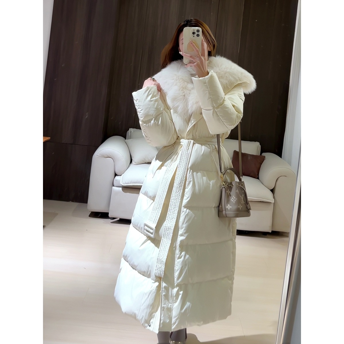 2024冬新作ホットスタイルフォックスファー襟ロングホワイトダックダウン厚く暖かい高品質コットンジャケットベルト付き