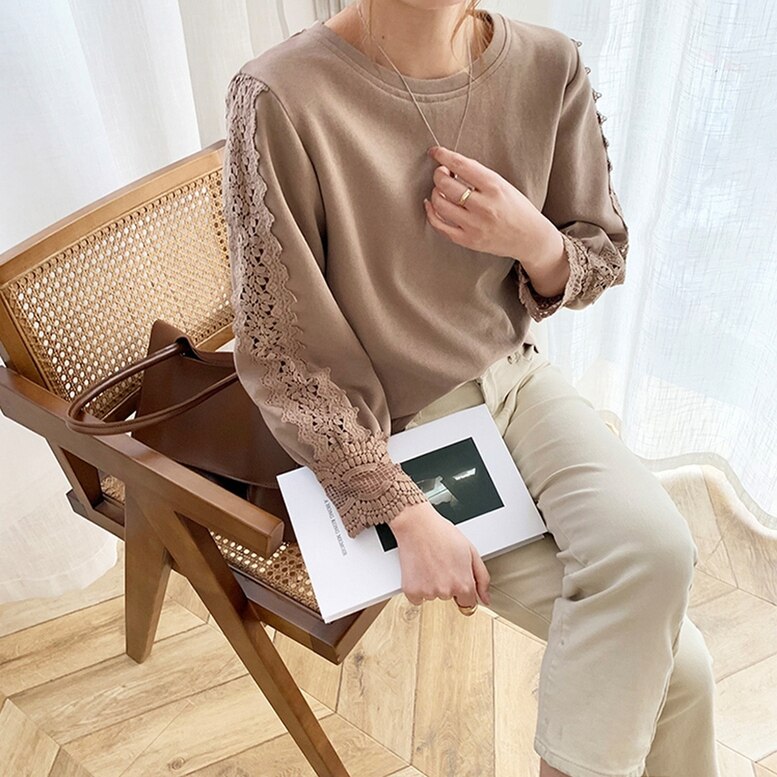 4color レディース 袖レースプルオーバー トップス スウェット シャツ カットソー 長袖 クル
