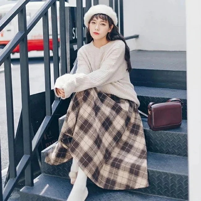 マキシスカートチェック柄厚レディースロングスカート75cmAラインフレアスカートチェック柄スカートレトロスカートマキシ丈ボトムスウエストゴム