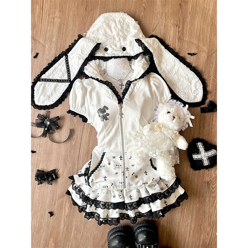 甘くて新しい中国風レディース夏用レースフード付きトップスとハイウエストパフィーケーキスカートのツーピースセット