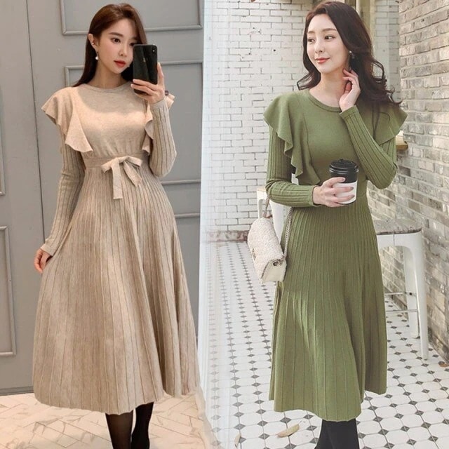 新作 ワンピースドレス2Way バックリボン センターリボン ロングワンピース 大人女子 膝下丈 プリーツ 長袖 春秋冬