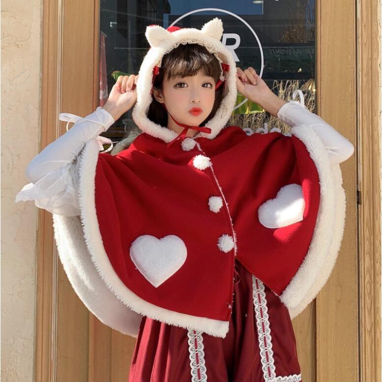 【大人気】ロリータマント　クリスマスケープ　猫耳　lolita　裏起毛　ボアカーディガン　秋冬　ハート　3色　レディース　森ガールコート　バックつばさ